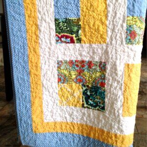 Handmade Modern Quilt -- 43" x 54" -- blue, yellow -- Amy Butler Fabric